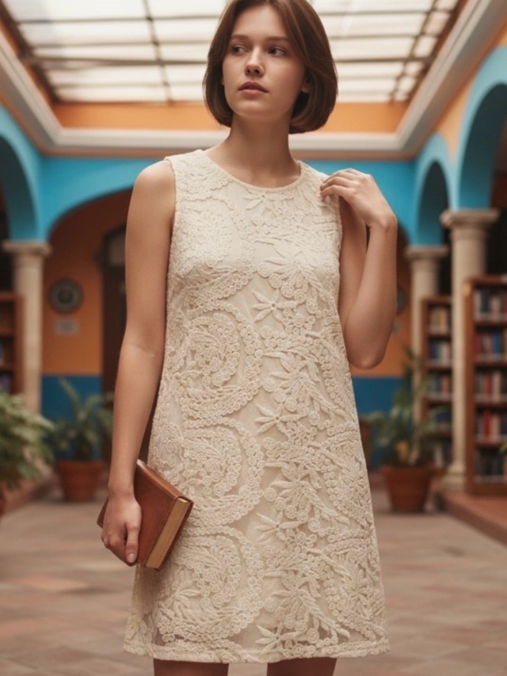 Forever 21 Cream Lace Floral Sleeveless Shift Dress.
